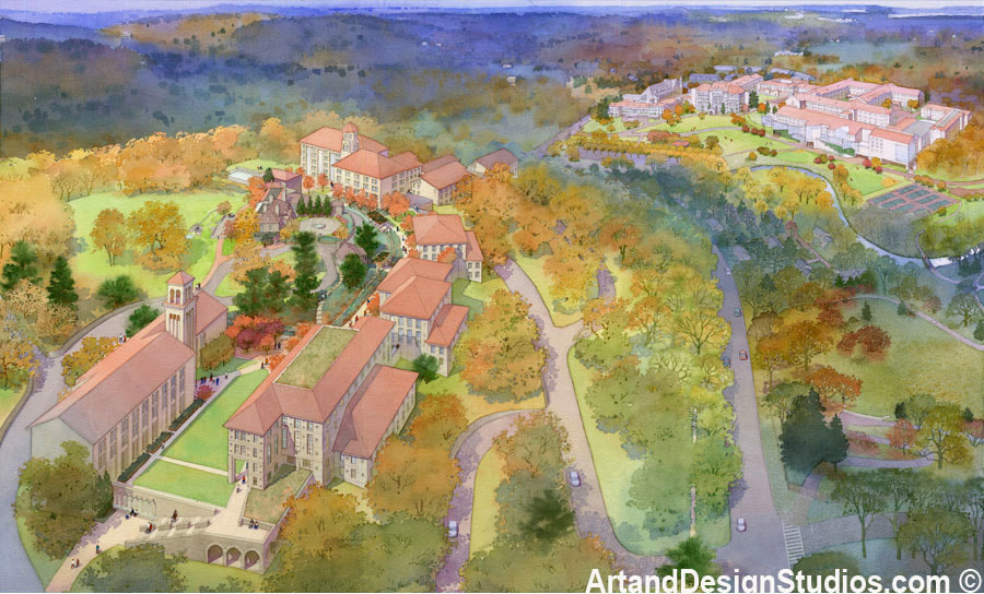 Aerial rendering. View of a new college campus