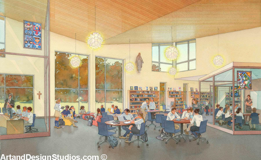 Watercolor rendering of a school library interior