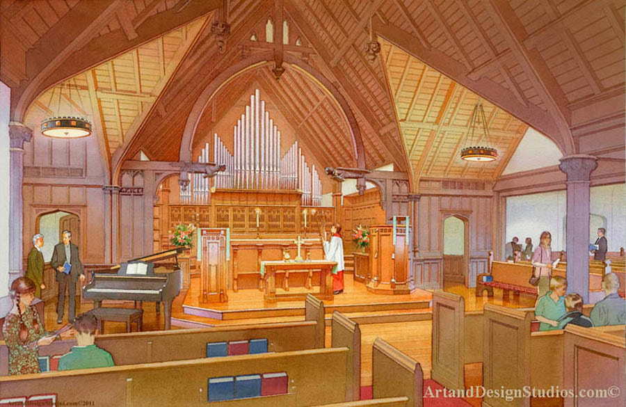 Interior architectural illustration. Rendering of a historic church interior