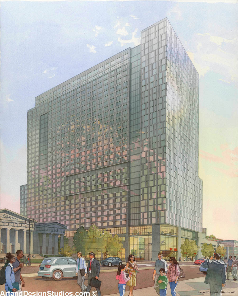 Architectural rendering of a proposed mixed-use development at Broad Street in Philadelphia