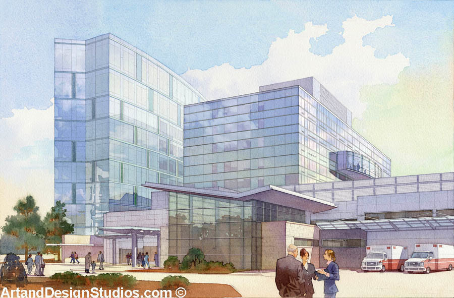 Exterior rendering of a hospital. 