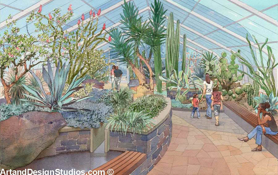 Rendering of a conservatory and botanical garden. 