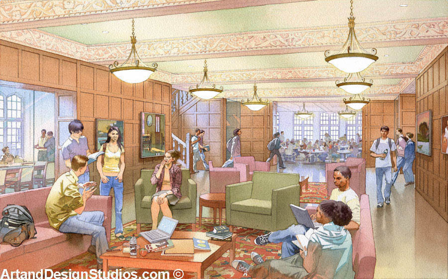 image of a rendering of UPENN's Arch Building student lounge interior