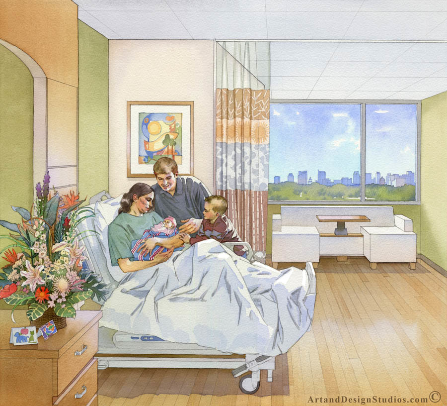 Interior rendering of a maternity suite room in a hospital
