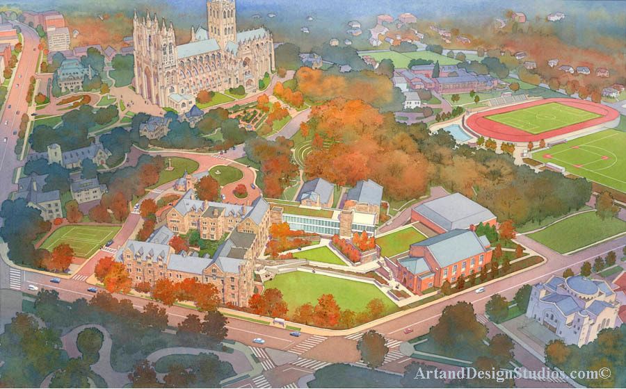 Aerial architectural rendering of St. Albans School and National Cathedral. 