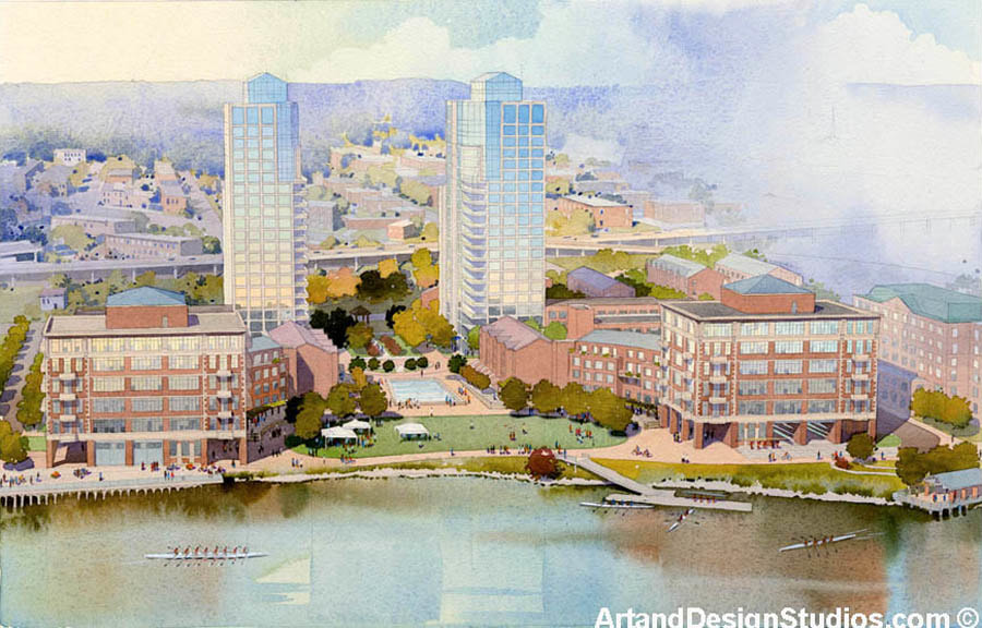 Waterfront development rendering. Watercolor.