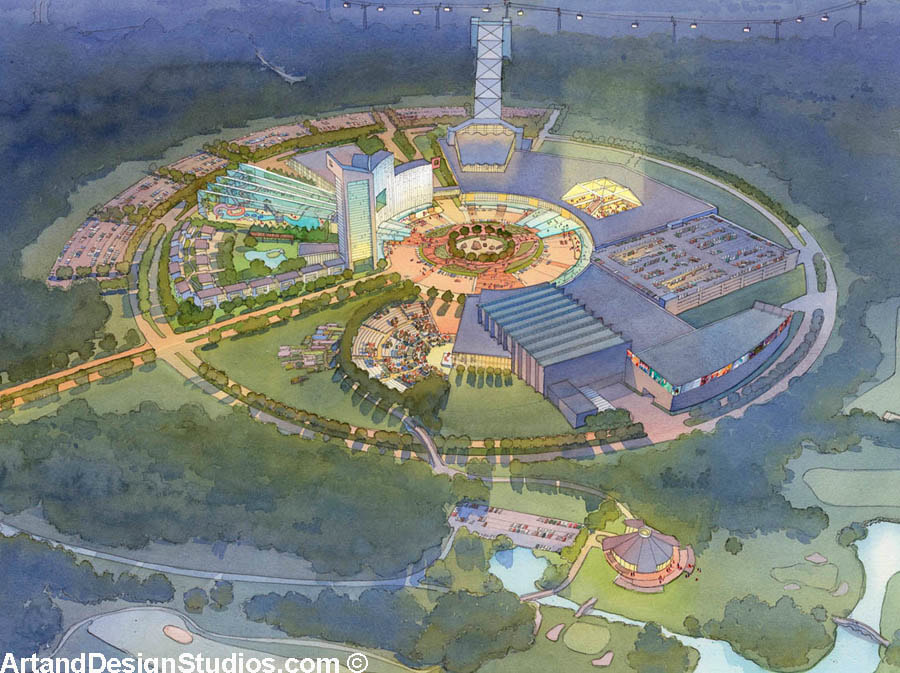 Watercolor rendering of a resort and casino in East Asia. Aerial view.