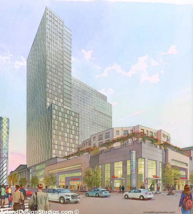 Mixed-use development architectural watercolor rendering