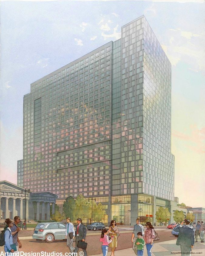 Architectural watercolor rendering of a mixed-use development in Philadelphia, PA
