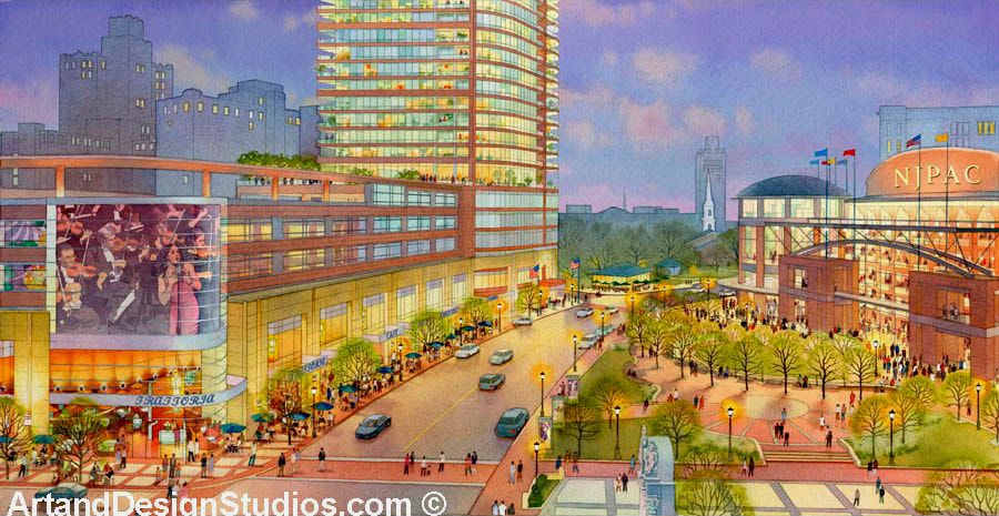 Dusk watercolor rendering of NJPAC proposed plaza and mixed-use development