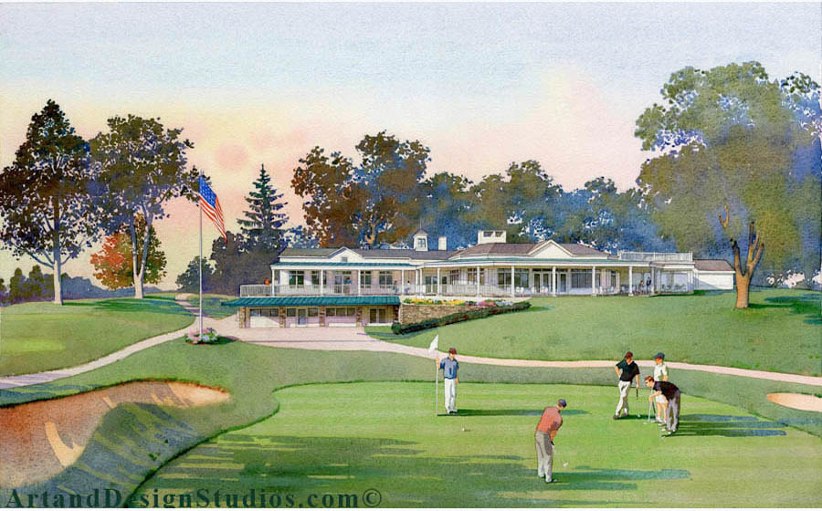 Architectural watercolor rendering of a golf course