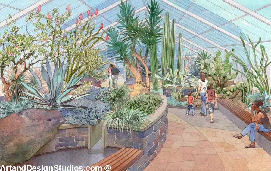Architectural illusration of a Conservatory and Botanical Garden. Watercolor.
