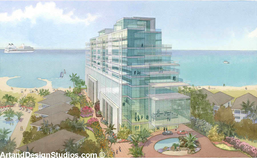 Architectural rendering. Residential high-rise in the Caribean.