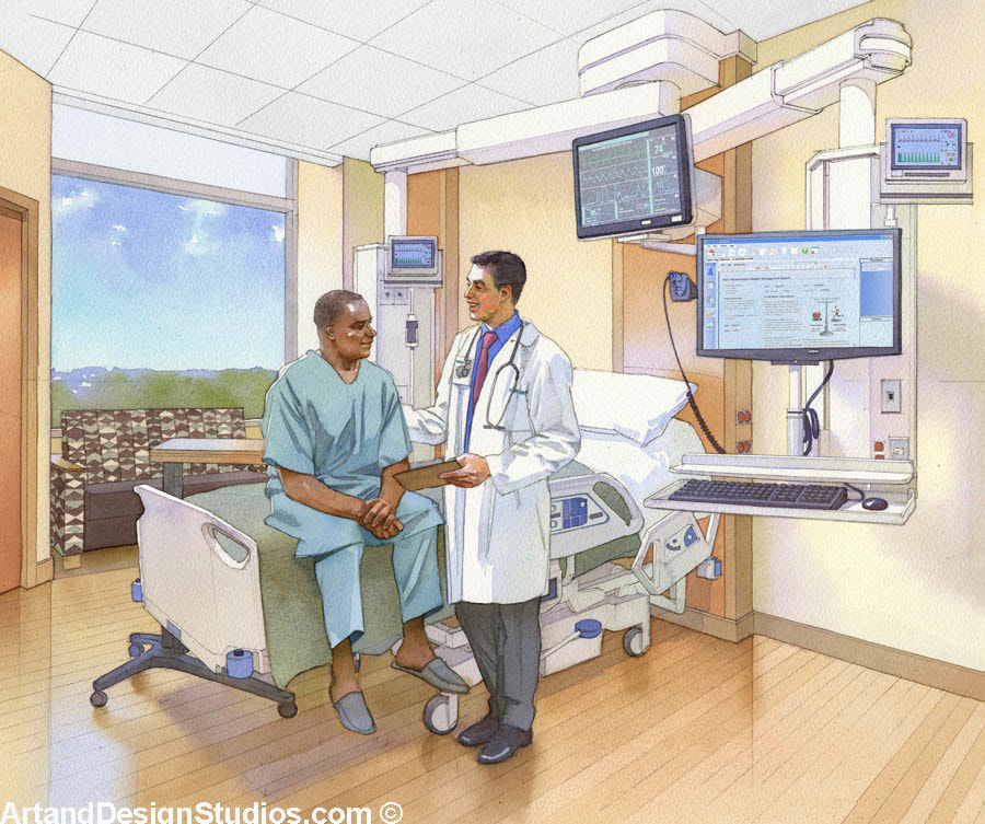 Interior rendering with people. Architectural illustration for Sutter Hospital