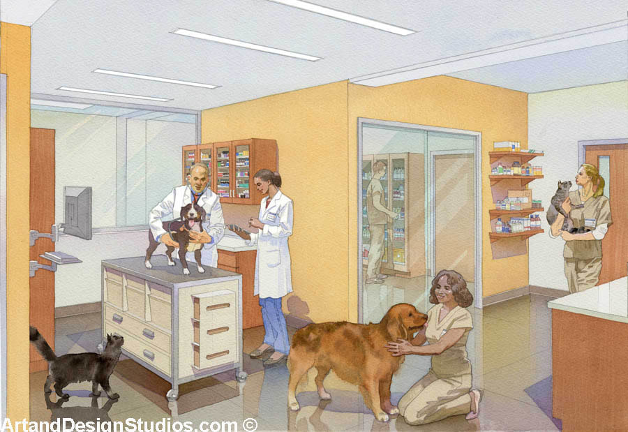 Interior rendering with people and animals. Veterinary hospital room.