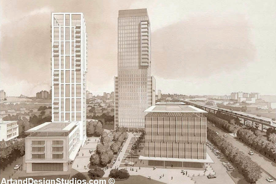 Rendering of a mixed-use development. Monochrome watercolor technique.