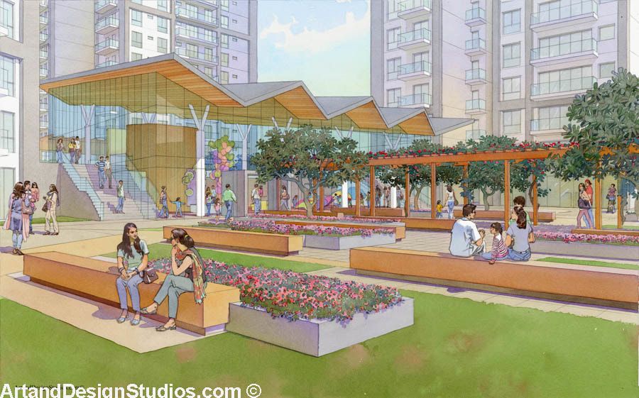 Watercolor rendering of community center with garden. 