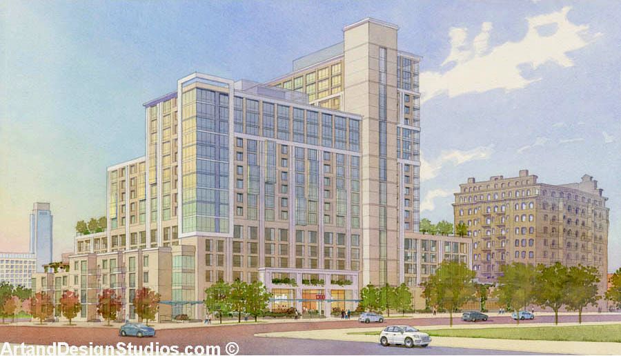 Watercolor rendering of a mixed-use development in Philadelphia